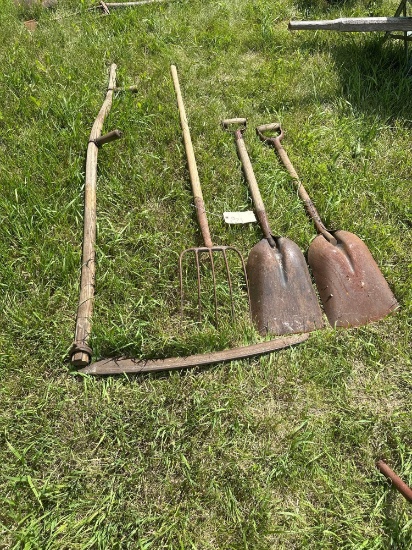 HAND SCYTHE, HAY FORK, and STEEL SHOVELS