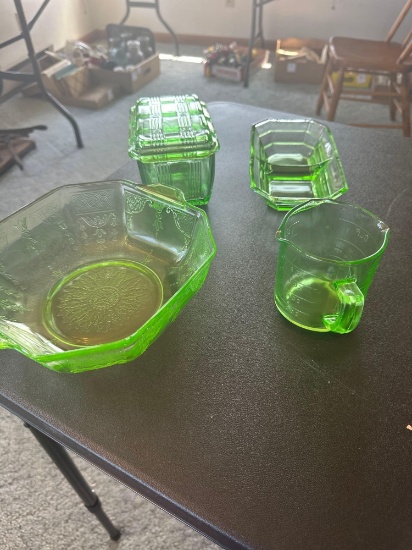 Vintage uranium glass green etched bowl with handles, green vaseline uranium freezer jar with lid,