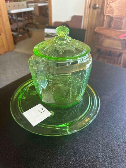Anchor hocking green depression princess cookie jar, green depression 3 footed cake plate.... Shippi