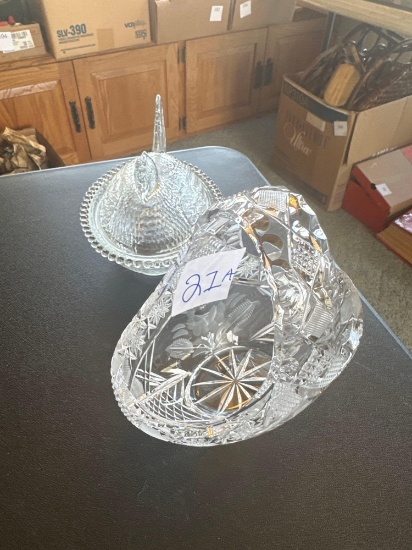 Lead crystal 7'' cut/etched basket, clear glass hen on a nest candy dish.... Shipping