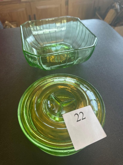 Jeannette glass green bowl with lid, uranium glass octagon candy dish, etc. Shipping