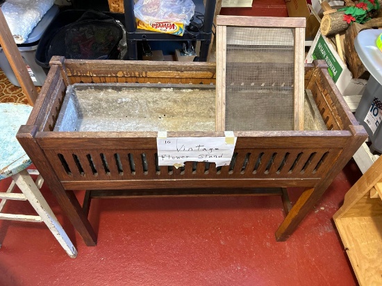 Wood plant stand with metal insert, wooden stool.