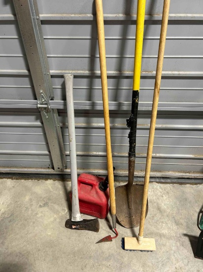gas can, shovel, ax, garden hoe, brush ...