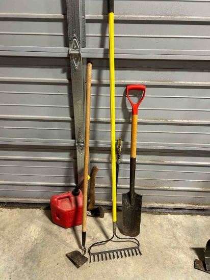rake, gas can, garden hoe, shovel, hatchet