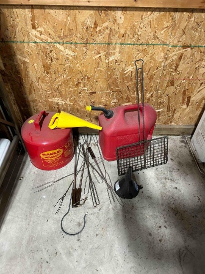 plastic and tin gas can, funnel, hot dog roasters