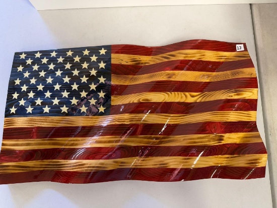 Wooden Hand Carved and Painted US Flag, 13" Tall x 24" Wide