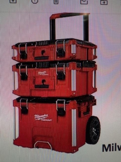 ...Red Milwaukee Packout Rolling Modular 3-Piece Stackable Tool Box Storage System