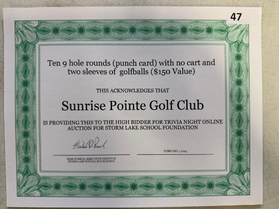 Sunrise Pointe Golf Package, 10- 9 Hole Punch Card and golfballs