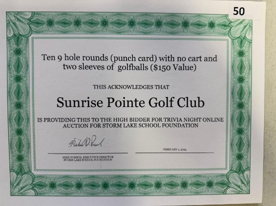 Sunrise Pointe Golf Package, 10- 9 Hole Punch Card and golfballs