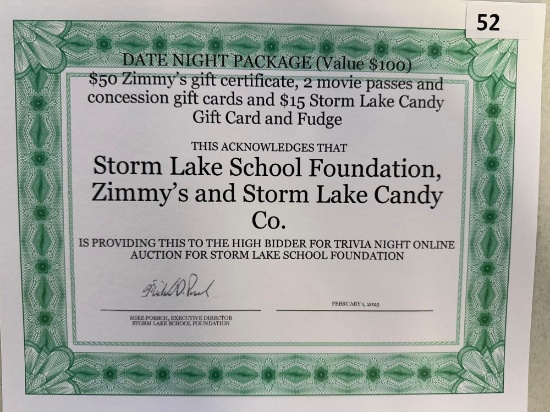Date Night Package from Zimmy's, Movie passes, Storm Lake Candy Co. and more