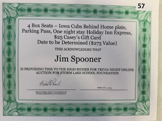 Iowa Cubs Baseball Package donated by 1978 Alum. Jim Spooner