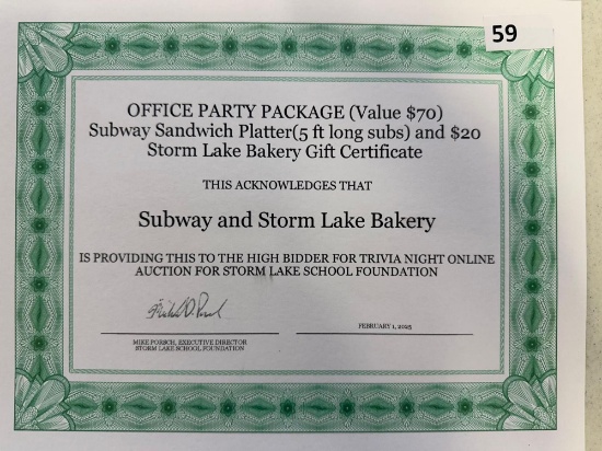 Office Party Package from Subway and Storm Lake Bakery