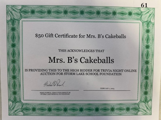 Mrs. B's Cakeballs Certificate