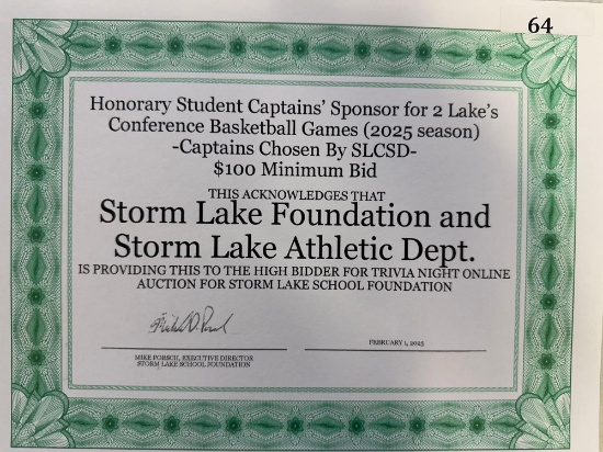 Honorary Student Captains Sponsor for a Lakes Conference Home Basketball Gamee