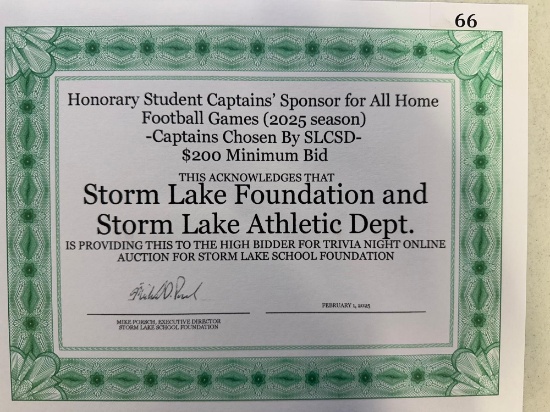 Honorary Student Captains Sponsor for all Home Football games