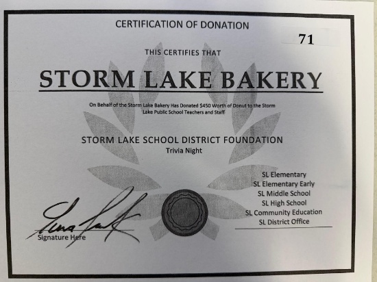 Storm Lake Bakery Donuts to Teachers Gift Certificate