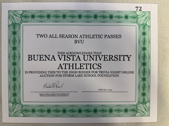 2- BVU All Season Athletic Passes