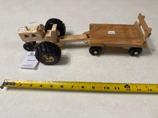 Handcrafted wood tractor and flatbed