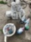 Assorted yard gnomes, decorative bird bath, decorative porch bench