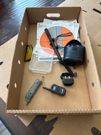 Misc. outdoor items paper targets, dog collar, binoculars, safety goggles, speed loader