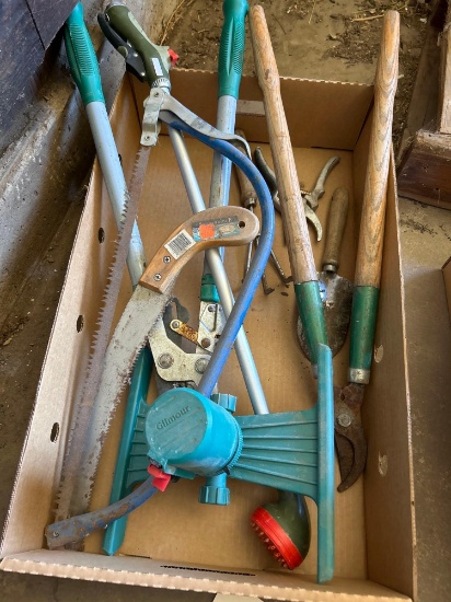 sprinkler, bucksaw, tree clipper, spray nozzle