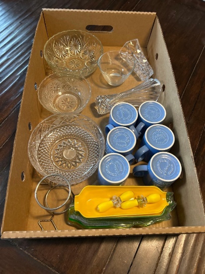 Misc. bowls, cups, sweet corn dish and holders.