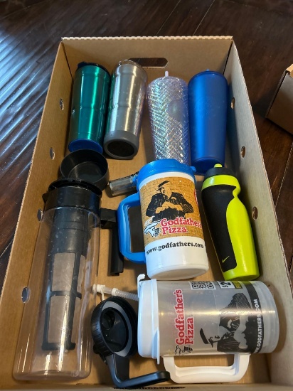 Assorted coffee thermos, water bottle, cold brew coffee maker, godfathers plastic mugs
