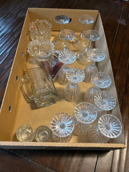 Wine/margarita glasses, beer mug, shot glasses