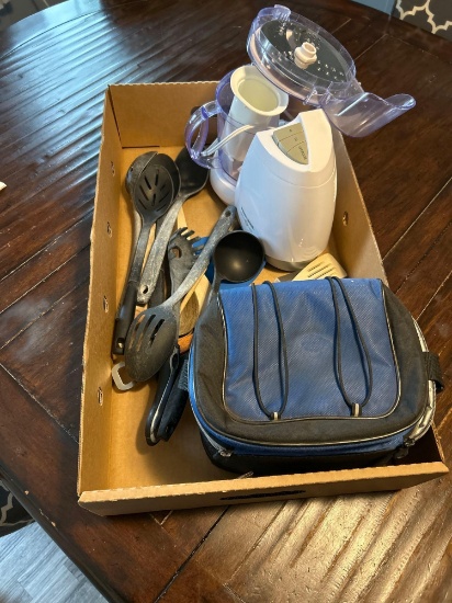 Assorted spoons, cooler, Black and Decker quick and easy blender