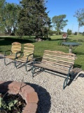 Pair of wooden patio chairs, wooden rocking bench