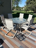 Patio table and 6 chair set, umbrella stand, NICE