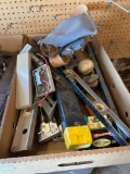 misc. tools, levels, staples, hand staple guns, tin scissors, baseball, castor wheels, riveting