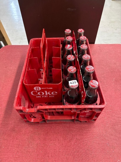 Vintage Coke Crate, Carrier, and 12 - 8 oz Coke Bottles