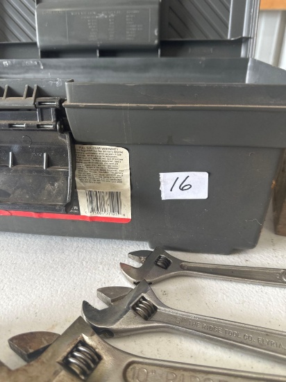Toolbox with crescent wrenches, vice grip, hammer, screwdrivers, reflector flares.