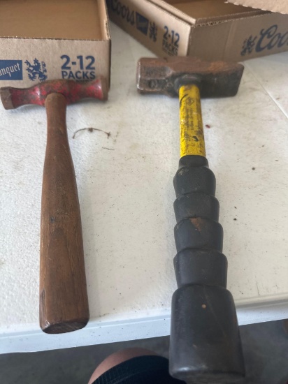 Large fiberglass handle hammer, ball peen, hammer, pipe wrenches.