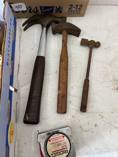 Claw hammer, tin snips, tin shears, filter wrench, ball peen, hammer, tape measure, pipe wrench,