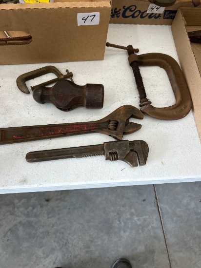 C clamps, Crescent wrench, monkey wrench, ball peen hammer head.