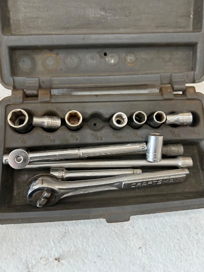 Partial socket set, Hex keys, hatchet, Crescent, wrenches, etc.