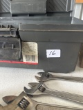 Toolbox with crescent wrenches, vice grip, hammer, screwdrivers, reflector flares.