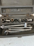 Partial socket set, Hex keys, hatchet, Crescent, wrenches, etc.