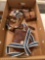 Box of leather sporting pouches, thunder cloud T-Handle ram rod extension, 2 powder horns