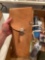 Box of assorted gun parts, leather sporting pouches, brass knuckles, Thunder Cloud ram rod