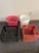2 feed pails, 2 plastic produce crates