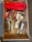 Box of assorted mudding and taping supplies, paint brushes