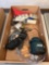 Box of assorted tools, hammer, wood clamps, lantern, electrical supplies