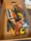 Box of assorted tools, tape measure, crescent wrench, pliers
