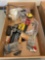 Box of assorted tools, electrical tools, chalk line, bungee cord