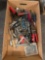 Box of assorted tools, clippers, wrenches, air sanding chuck, torque wrench