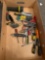 Box of assorted screw drivers, pliers, utility knives, flashlight