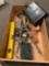 Box of assorted tools, tool belt, level welding mask, wood planer